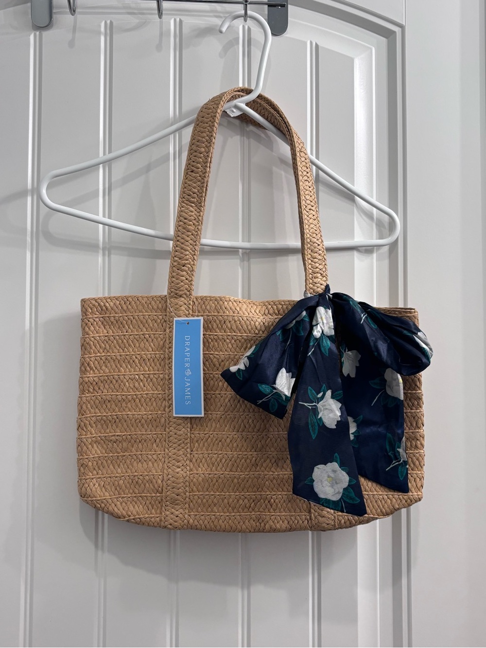 Draper James Tan Woven Tote with Navy Floral Scarf Accent